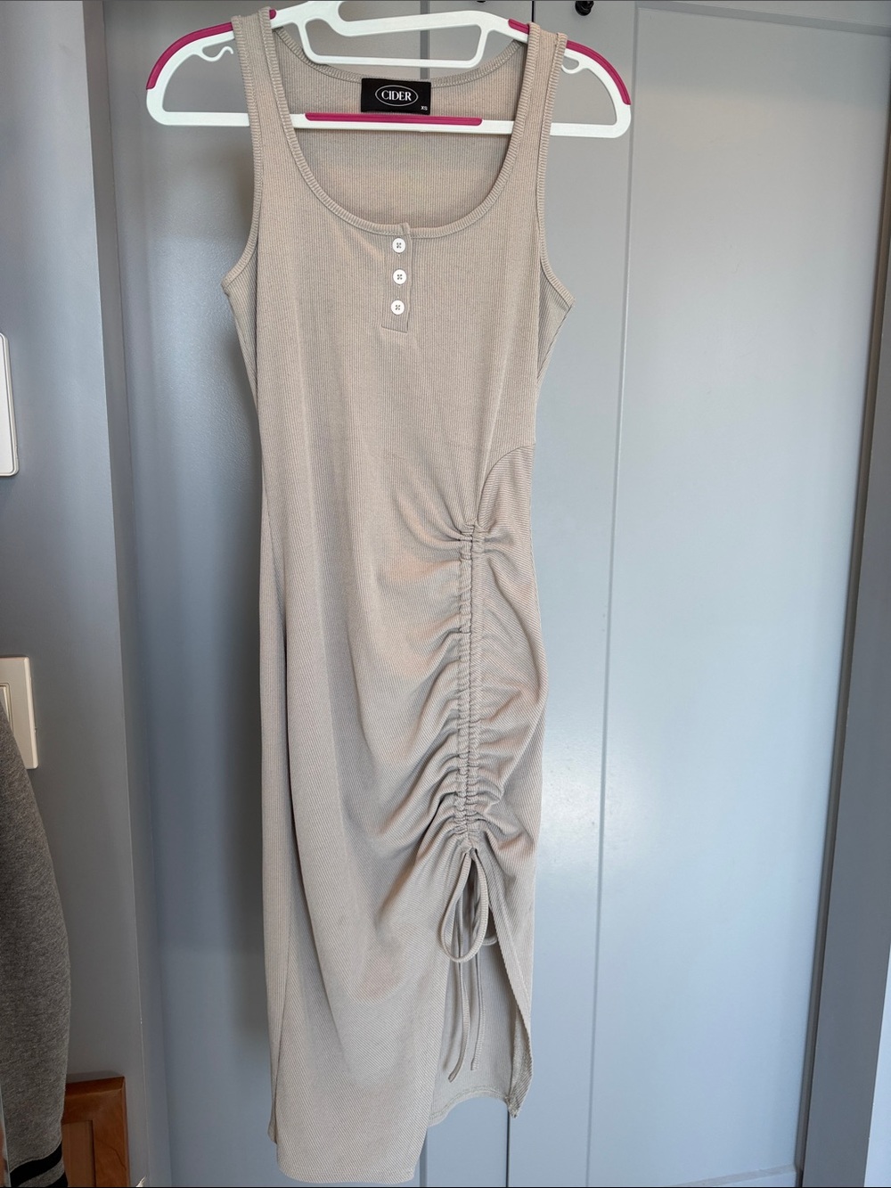 Cider Beige Ruched Tank Midi with Button Placket